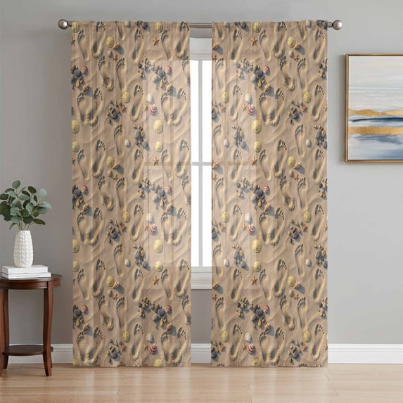 Coastal Beach Sheer Curtains 72 Inch Length 2 Panels Set, Modern Summer Footprint Starfish Shells Voile Window Treatment Rod Pocket Curtains Sheers Drapes for Bedroom/Living Room/Kitchen 52"x72"x2