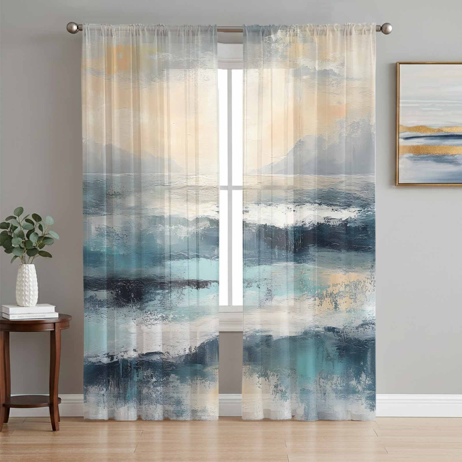 Coastal Beach Sheer Curtains 84 Inch Length 2 Panels Set, Abstract Oil ...