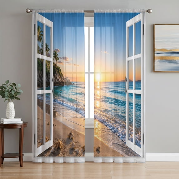 Coastal Beach Sheer Curtains 96 Inch Length 2 Panels Set, Summer Ocean Nautical Sea Waves Blue Voile Window Treatment Semi Sheer Long Curtains Drapes for Bedroom/Living Room/Kitchen 52"x96"x2