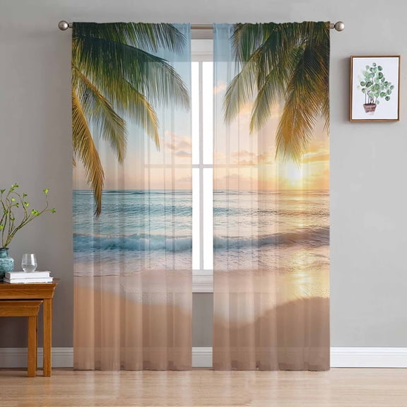 Coastal Beach Sheer Curtains 96 Inches Long 2 Panels Set, Window Sheer Curtains for Living Room/Bedroom, Summer Tropical Palm Trees Ocean Light Filtering Rod Pocket Curtain 52'' x 96'' x 2