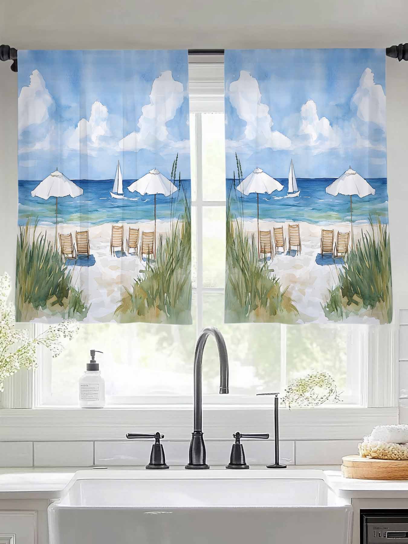 Coastal Beach Sheer Curtains for Living Room Bedroom Abstract Oil
