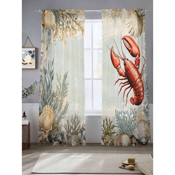 Coastal Beach Sheer Curtains for Living Room Bedroom Lobster Beach Coral Shell Nautical Retro Sheer Curtains 108 Inch Long 2 Panels Set Light Filtering Curtain Window Treatments Drapes