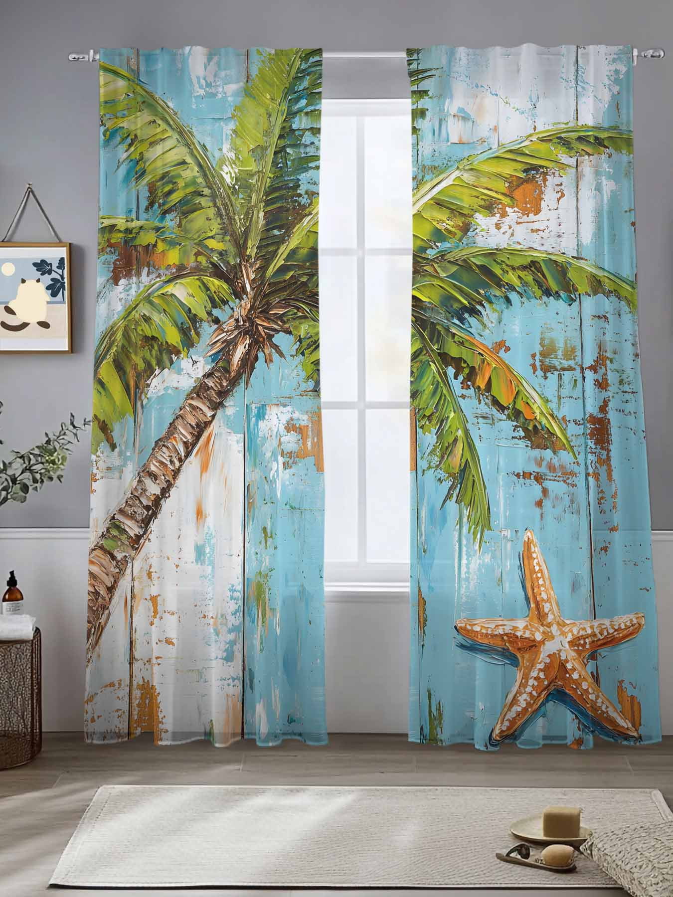 Coastal Beach Sheer Curtains for Living Room Bedroom Oil Painting