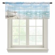 Coastal Beach Sheer Curtains Valances for Windows Summer Ocean Sea Waves Nautical Sky Blue Chiffon Kitchen Valances for Cafe, Voile Window Treatments Curtains for Living Room Bedroom, 42"x12"