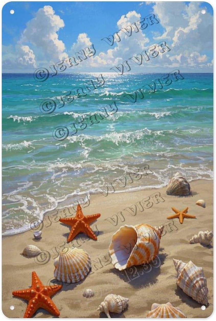 Coastal Beach Shell Tin Sign – Vintage Ocean Theme Aluminum Wall Sign ...