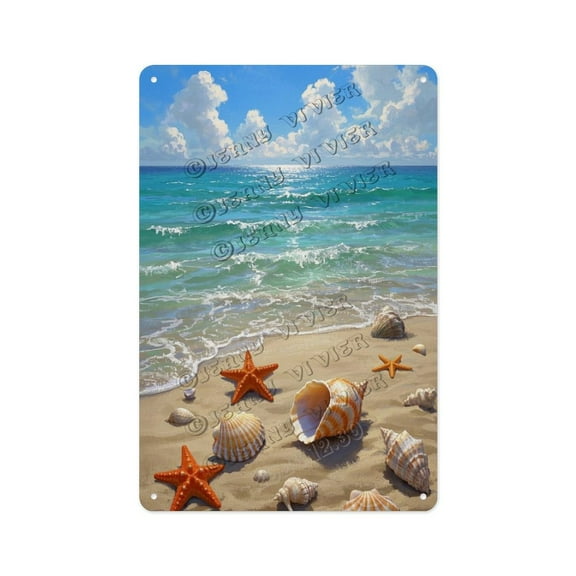Coastal Beach Shell Tin Sign Vintage Ocean Theme Aluminum Wall Sign, 8x12 Metal Sign for Bathroom, Cottage, or Beach House Dcor Nautical Gift for Women or Sea Lovers