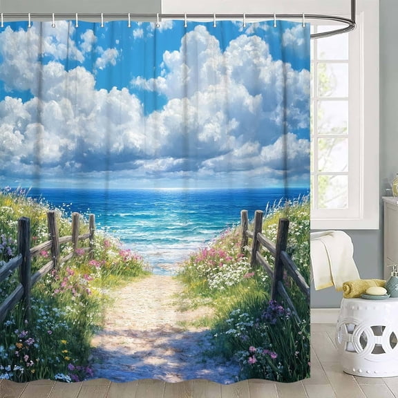Coastal Beach Shower Curtain, Blue Sky White Cloud Ocean Floral Bathroom Curtains, Seaside Pathway Nature Scenery Waterproof Fabric Shower Curtain Set with Hooks-48"W x 72"L (Pack of 1)