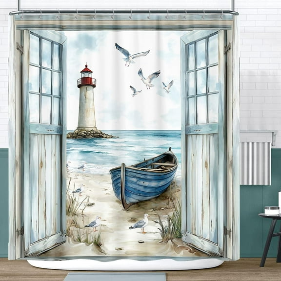 Coastal Beach Shower Curtain, Nautical Lighthouse Sailboat Ocean Seaside Seascape Shower Curtain Set, Rustic Barn Door Seashore Fabric Boho Shower Curtain for Bathroom-36"W x 72"L (Pack of 1)