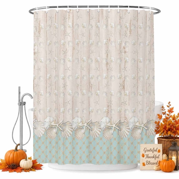 Coastal Beach Shower Curtain Set - 48" x 72" Washable Bathtub Curtain with 12 Hooks, Summer Vintage Shell Starfish Wooden Waterproof Fabric Stall Shower Curtains for Bathroom/Bathtub Décor