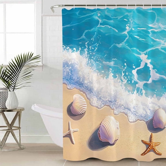 Coastal Beach Shower Curtain Set, Waterproof Shower Curtains for Bathroom, Nautical Ocean Starfish Shells Sea Waves Washable Fabric Cloth Bath Curtain for Bathtub Decoration with Hooks 48x72 Inches