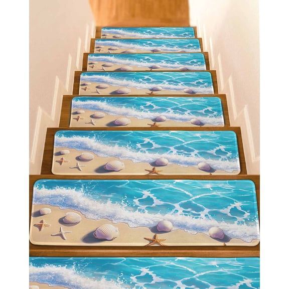 Coastal Beach Stair Treads for Wooden Steps Indoor Runner Rug Carpet, Nautical Ocean Starfish Shells Sea Waves 7 Pieces Peel and Stick Staircase Step Treads Covers Washable Throw Door Mats, 30"x8"