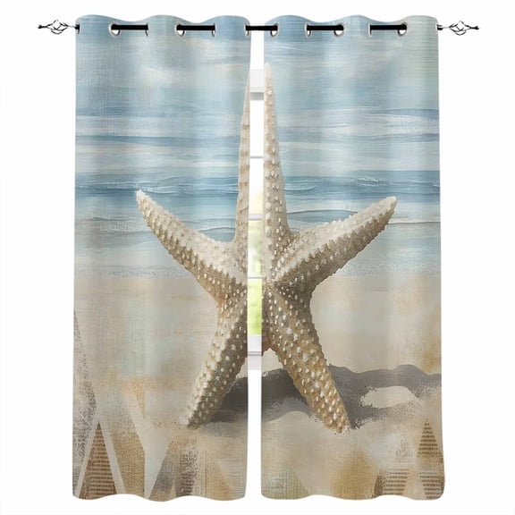 Coastal Beach Starafish Kitchen Curtains Summer Ocean Wave Blue Beige Cafe Short Curtains for Bathroom Blackout Window Curtain Small Window Treatment Drapes for Bedroom Living Room 27.5"x39"x2