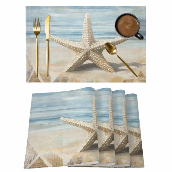 Coastal Beach Starafish Placemats Set of 12 Summer Ocean Wave Blue Beige Place Mats Indoor Wipeable Table Mats Washable Cloth Dining Table Placemats for Kitchen Holiday Party Home Decor 13x19 Inch
