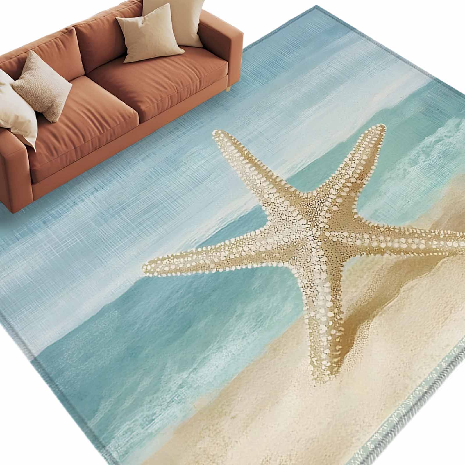 Coastal Beach Starfish Area Rug 6x9ft Nautical Retro Watercolor Ocean ...