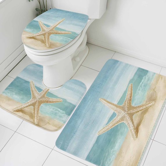 Coastal Beach Starfish Bathroom Rugs Set Nautical Retro Watercolor Ocean Marine Life Non Slip Absorbent Soft Bath Mats 3 Piece Set with Bathroom Rug, U-Shaped Floor Mat, Toilet Seat Cover Small Size