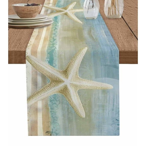 Coastal Beach Starfish Table Runner 60 Inches, Vintage Summer Ocean Stripe Bed Runner Dresser Scarves Tabletop for Indoor Outdoor Parties/Ceremony/Banquet, 13" x 60"