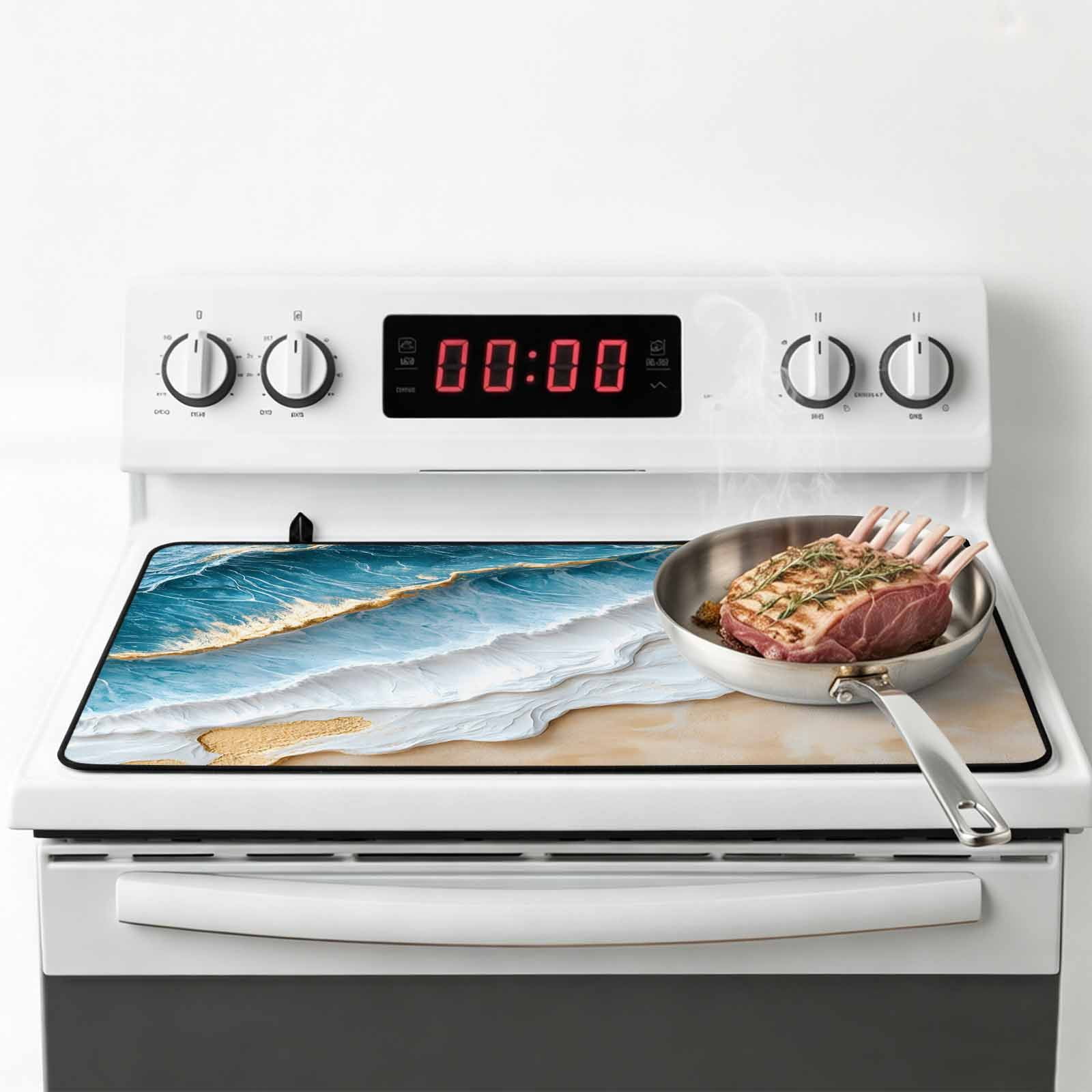 Coastal Beach Stove Top Cover for Electric Stove, Heat-proof & Non Slip Glass Top Stove Cover Protector, Nautical Ocean Blue Beige Seaside Kitchen Flat Cooktop Rubber Mat 24x21 Inches