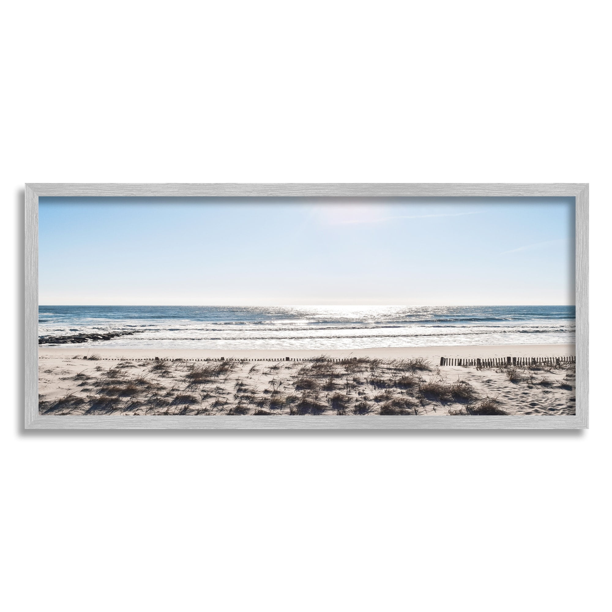 Coastal Beach Strip Landscape Nautical Fence Tall Grass 30 in x 13 in Framed Photography Art Prints, by Stupell Home Décor