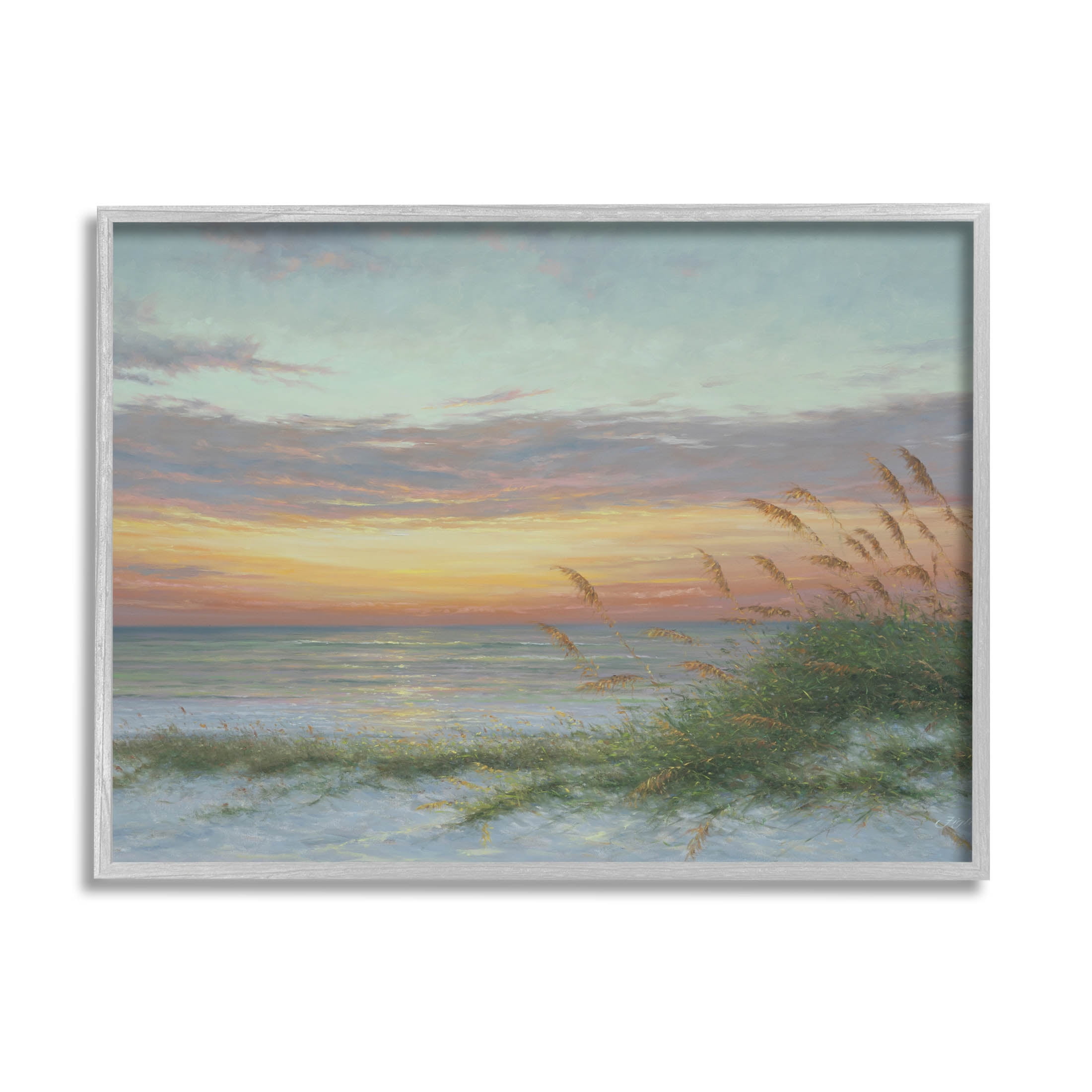 Coastal Beach Summer Sunset Landscape Painting Gray Framed Art Print Wall Art