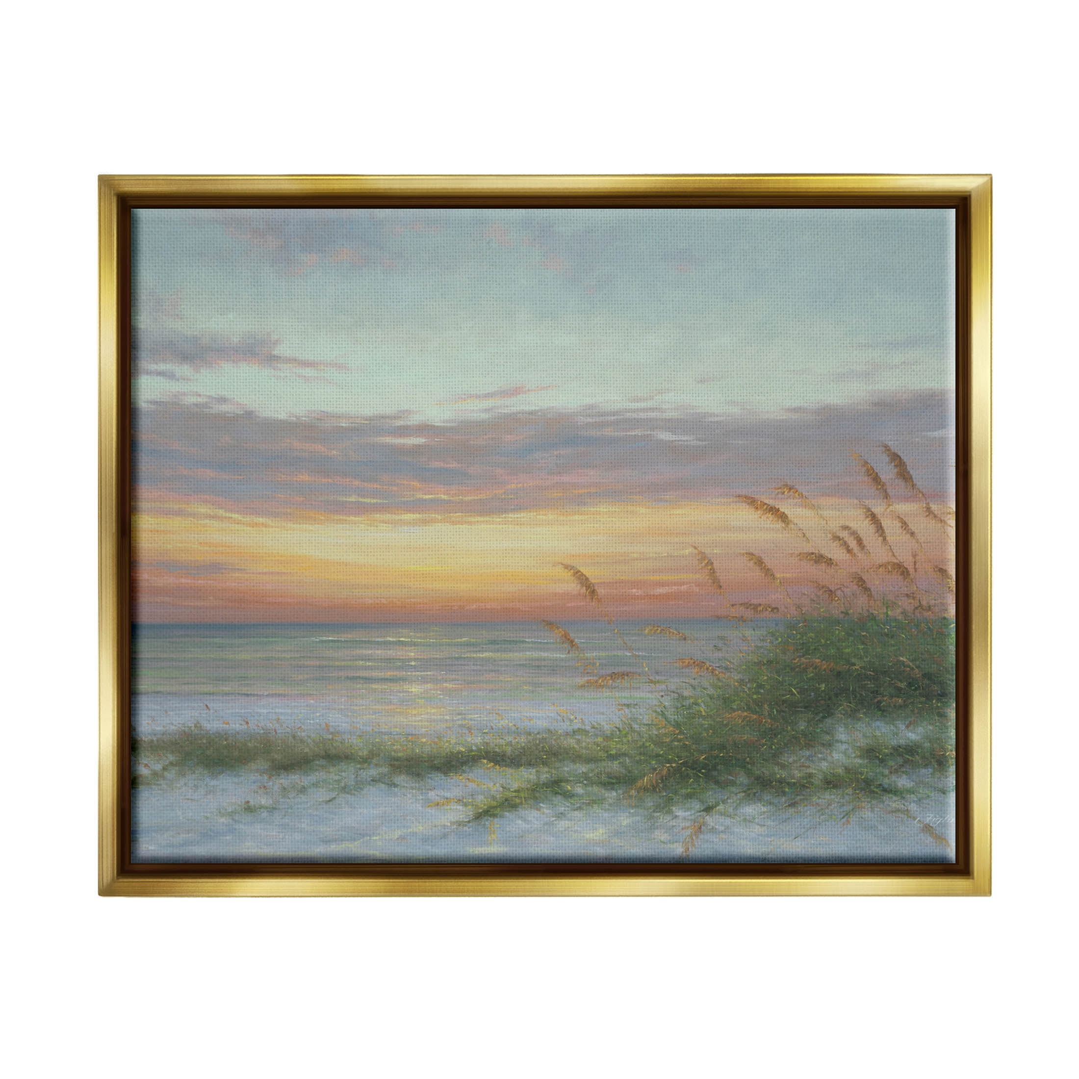 Coastal Beach Summer Sunset Landscape Painting Metallic Gold Framed Art Print Wall Art