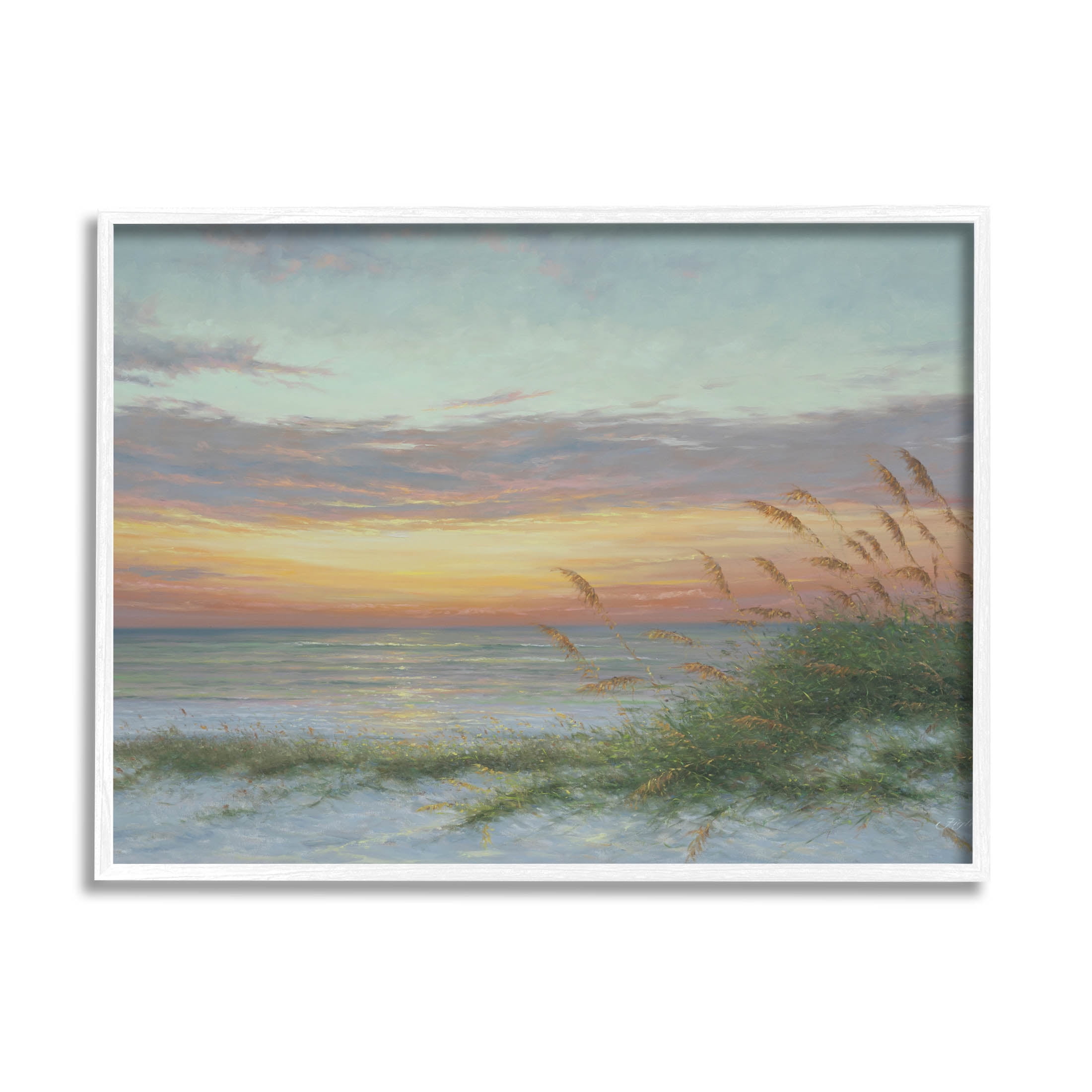 Coastal Beach Summer Sunset Landscape Painting White Framed Art Print Wall Art