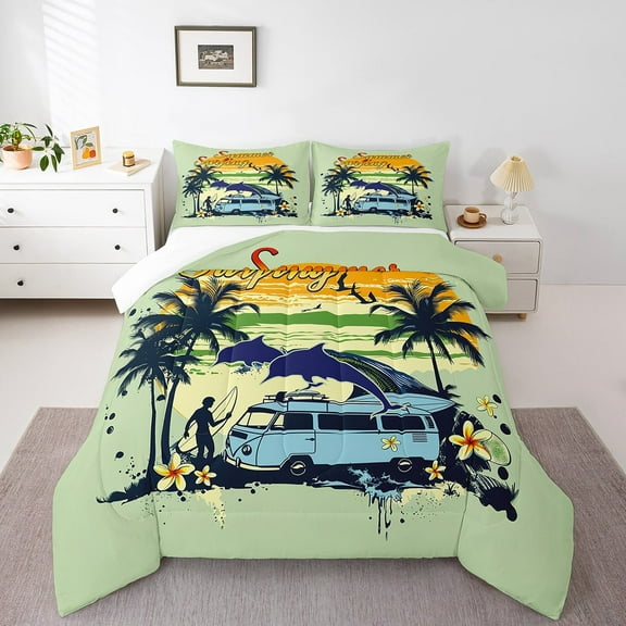 Coastal Beach Surf Twin Bedding Set,Ocean Sea Surfer Comforter Set,Summer Hawaiian Palm Tree Quilt Bed Set Sunset Dolphin Floral Bed Comforter Set 2Pcs