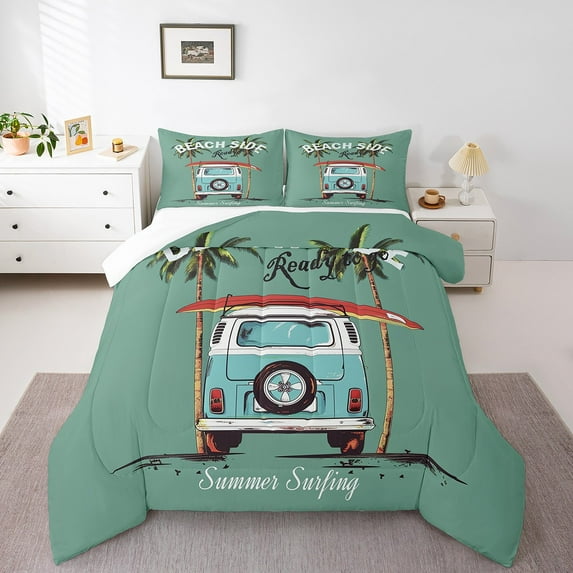 Coastal Beach Surfer Queen Comforter Set,Surfboard Surf Bedding Set,Hawaiian Palm Tree Quilt Bed Set Ocean Sea Theme Summer Surfing Bed Comforter Set 3Pcs