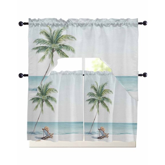 Coastal Beach Swag Curtains for Living Room/Bedroom Windows, Summer Palm Tree Nautical Ocean Seaside Kitchen Curtains and Valances Set 36 Inch Length, Light Filtering Swags Valance Curtain Panels