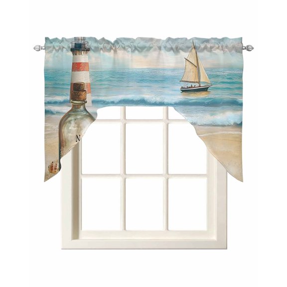 Coastal Beach Swag Valances for Windows, Small Curtains Drapes, Nautical Wave Compass Shell Kitchen Window Curtains Over Sink Rod Pocket Window Treatment Valance for Bedroom/Bathroom 56"x36"