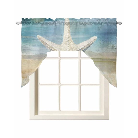 Coastal Beach Swag Valances for Windows, Small Curtains Drapes, Summer Ocean Wave Retro Starfish Textured Kitchen Window Curtains Over Sink Window Treatment Valance for Bedroom/Bathroom 56"x36"