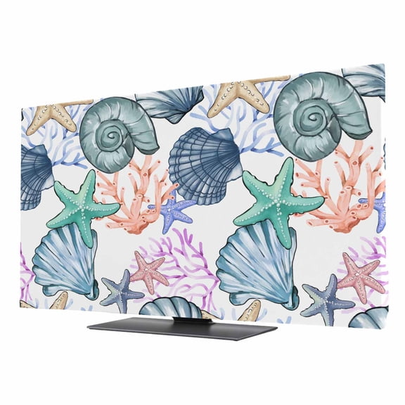 Coastal Beach TV Cover for 50 Inch Screen, Stretch Fabric Dustproof TV Display Protector, Watercolor Nautical Starfish Shell Elastic Slipcover Monitor Cover for Indoor Desktop Computer 43.6"x24.5"