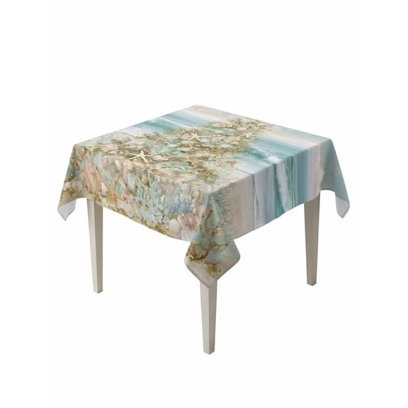 Coastal Beach Table Cloth, Waterproof Tablecloth for Square Tables, Summer Ocean Wave Starfish Coral Trees Reusable Washable Fabric Table Cover for Restaurant Kitchen Dining Tables 54"x54"