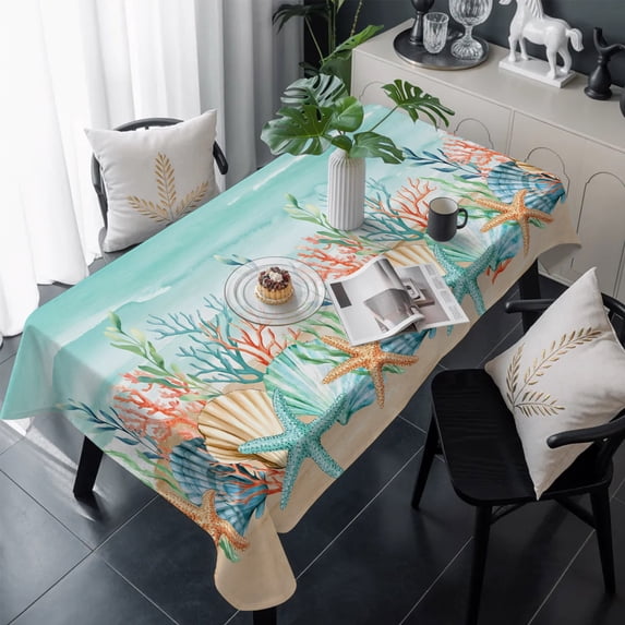 Coastal Beach Table Cloth Waterproof Tablecloths, Ocean Wave Summer Sea Starfish Coral Teal Beige Tablecloth Dining Table Cover for Kitchen Party Tabletop Outdoor, Rectangle Tablecloth 60x120 Inch