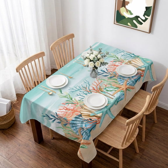 Coastal Beach Table Cloth Waterproof Tablecloths, Ocean Wave Summer Sea Starfish Coral Teal Beige Tablecloth Dining Table Cover for Kitchen Party Tabletop Outdoor, Rectangle Tablecloth 52x70 Inch