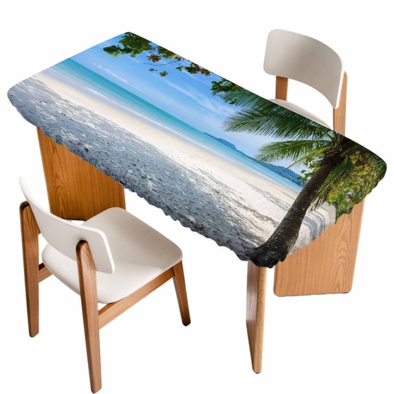 Coastal Beach Table Cloths for 3 Foot Rectangle Tables, Summer Ocean Sea Modern Palm Coconut Tree Patio Waterproof Elastic Fitted Tablecloths, Washable Rectangular Table Cover for Camping