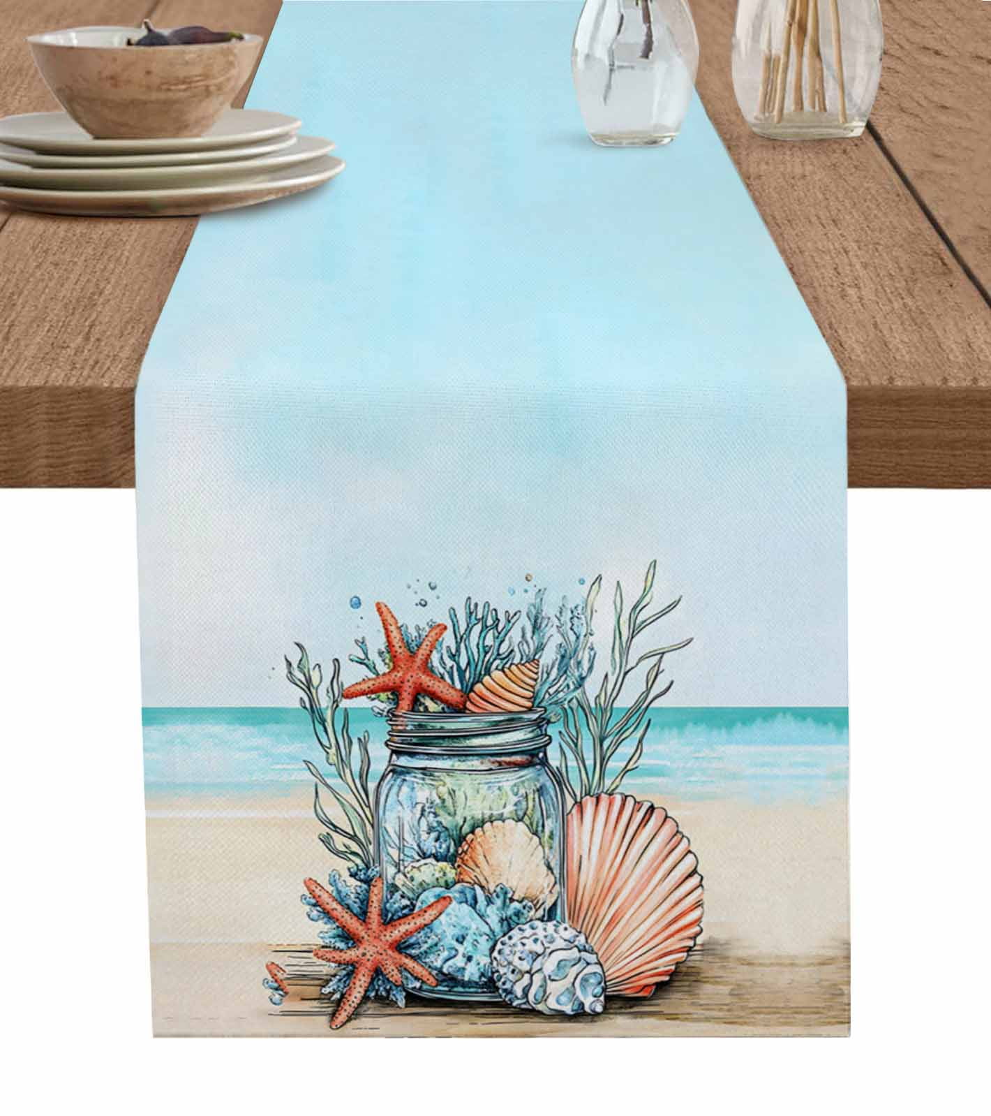 Coastal Beach Table Runner 120 Inches, Summer Ocean Starfish Coral ...