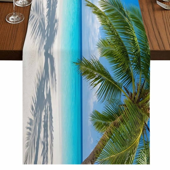 Coastal Beach Table Runner 36 Inches Long, Starfish Palm Tree Sky Tropical Cotton Linen Dining Table Runner Dresser Scarves for Home Kitchen Party Decor 13"x36"