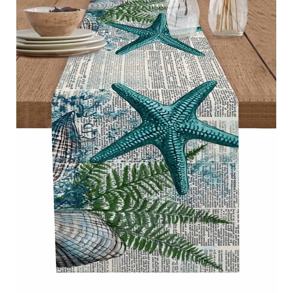 Coastal Beach Table Runner 36 Inches, Vintage Ocean Starfish Conch Pine Leaf Bed Runner Dresser Scarves Tabletop for Indoor Outdoor Parties/Ceremony/Banquet, 13"x 36"