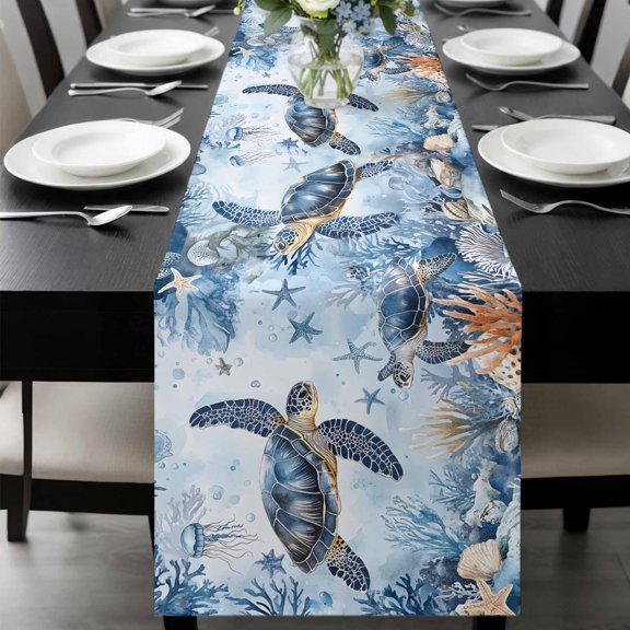 Coastal Beach Table Runner 48 Inches Long, Sea Turtle Nautical Coral Starfish Kitchen Coffee Dining Table Decoration for Home Party Birthday Wedding Home Decor 13x48 Inches