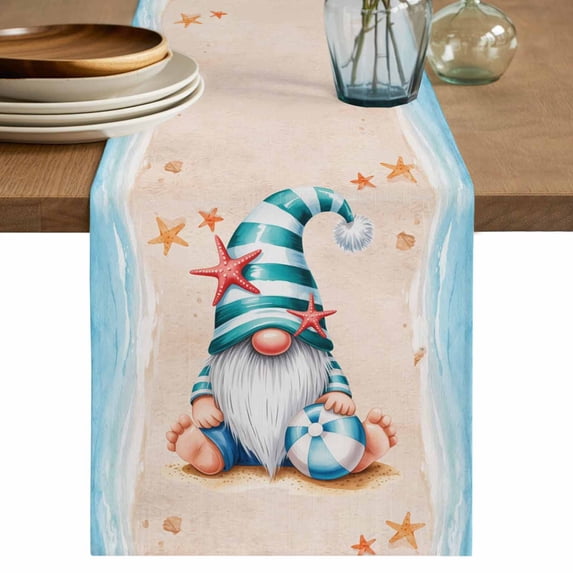 Coastal Beach Table Runner 90 Inches, Blue Gnomes Summer Ocean Sea Wave Starfish Beige Bed Runner Dresser Scarves Tabletop for Indoor Outdoor Parties/Ceremony/Banquet, 13" x 90"