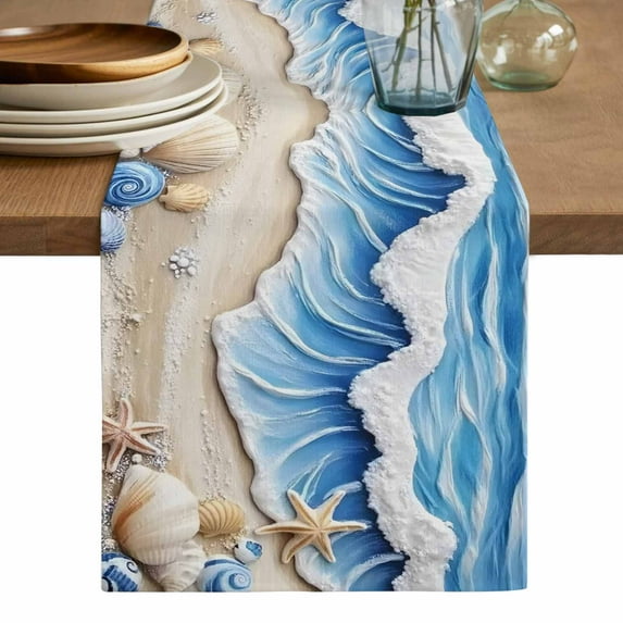 Coastal Beach Table Runner, Blue Ocean Starfish Shell Seashore Sand Washable Cotton Linen Table Runners 108 Inches Long, Dresser Scarf Runner for Dining/Living Room/Kitchen/Square Tables 13''x108''