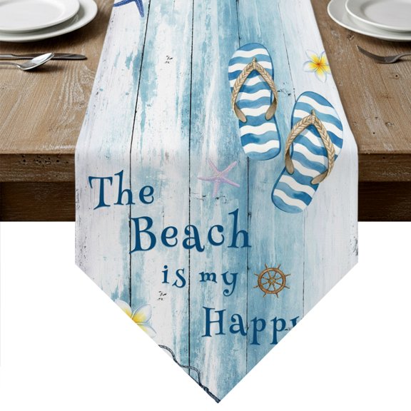 Coastal Beach Table Runner Linen Burlap Table Runner 72 Inches Long Ocean Nautical Starfish Blue Grey Wooden Grain Dresser Scarves for Kitchen Island Coffee Dining Room Party Holiday Decor 18"x72"