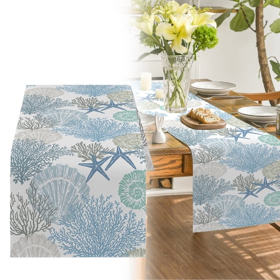 Coastal Beach Table Runner - Nautical Sea Animals & Starfish Theme - Soft Cotton Linen Rectangle Tablecloth for Summer Ocean Home Decor, Kitchen & Dining Room