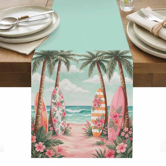 Coastal Beach Table Runner Summer Flower Waves Surfboards Coconut Trees Tablerunners 13 x 36 Inch, Table Decorations Tabletop Scarf for Summer Gathering Holiday Farmhouse Kitchen Dining Decor
