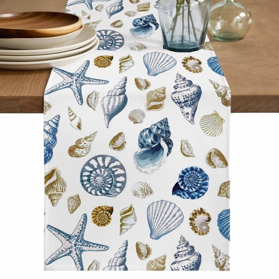 Coastal Beach Table Runner, Summer Shell Conch Starfish Ocean ...