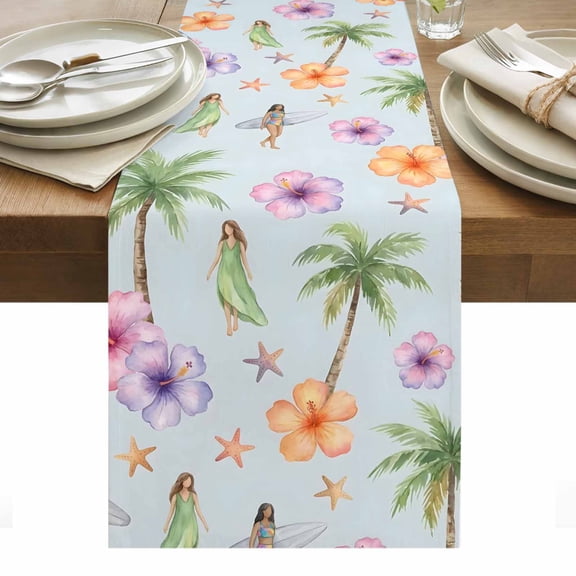 Coastal Beach Table Runner Summer Tropical Vacation Palm Trees Surfing Tablerunners 13 x 36 Inch, Table Decorations Tabletop Scarf for Summer Gathering Holiday Farmhouse Kitchen Dining Decor