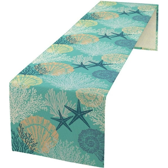Coastal Beach Tablecloth,Sea Animals Starfish Summer Theme Nautical Sea Shells Satrfish Theam,Summer Ocean Home Decor for Table Dining Room Kitchen Holiday 13x90 Inch