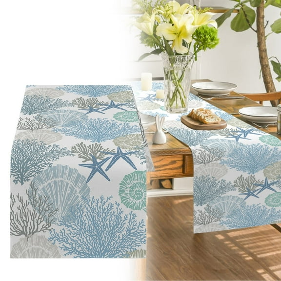 Coastal Beach Tablecloth Sea Animals Summer Theme Nautical Sea Satrfish Theam Summer Ocean Home Decor for Table Dining Room KitchenCoral Linen Table Runner 33-180cm