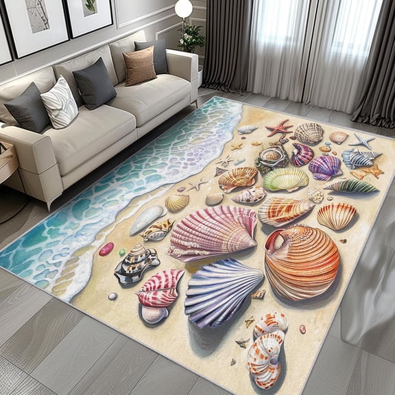 Coastal Beach Theme Area Rugs, Starfish Seashell Carpet, Washable Non Slip Low Pile Soft Rug for Entryway Bedroom Kitchen Decor Mat 2ftx3ft