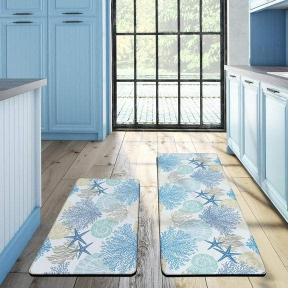 Coastal Beach Theme Kitchen Mats Rugs Set of 2 Anti Fatigue Kitchen Mats for Floor Memory Foam Cushioned Waterproof Non Slip Comfort Standing Mat for Sink Laundry, Blue, 17.3"x 28"+17.3"x 47"